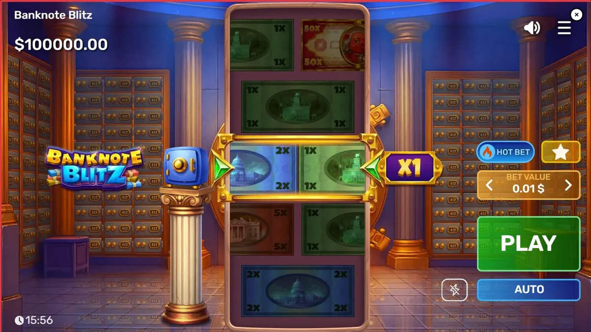 Isang visual na representasyon ng Banknote Blitz slot na may temang vault at mga lumilipad na banknote.