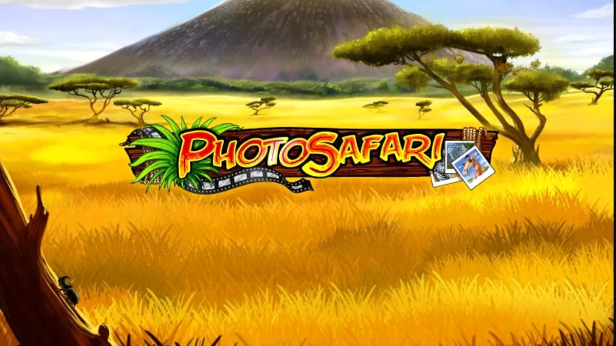 Isang makulay na safari-themed slot machine na may mga hayop at kagamitan sa photography.